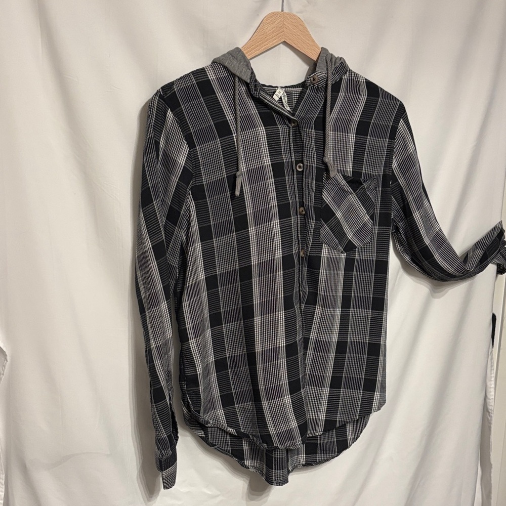 Cabincore Mudd Women's Black & Gray Plaid Hooded Button-Up Shirt SZ M